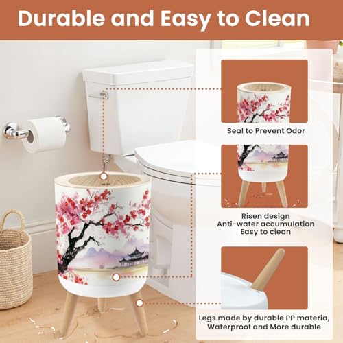 Image of Small Trash Can with Lid Realistic Blossom Japanese Cherry Tree White Watercolor 1.8 Gallon Dog Proof Trash Can Round Garbage Can Waste Bin Wastebasket for Bathroom Bedroom Living Room