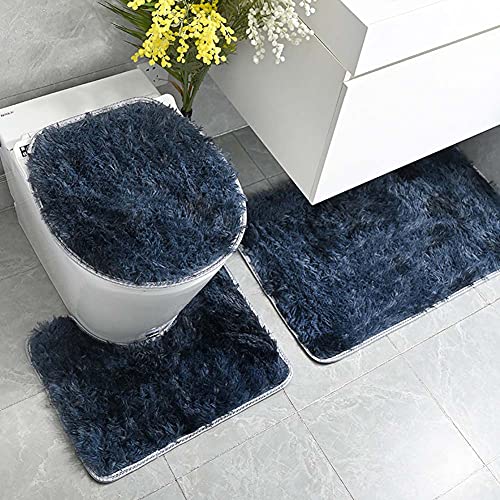 ARLTTH 3er Set Batik Badematten Set Aus Weichem Plüsch, rutschfest, Saugfähig, Badezimmerteppich, U-förmiger Konturteppich Und Toilettendeckelbezug, Waschbar (Marine) – Bild 4