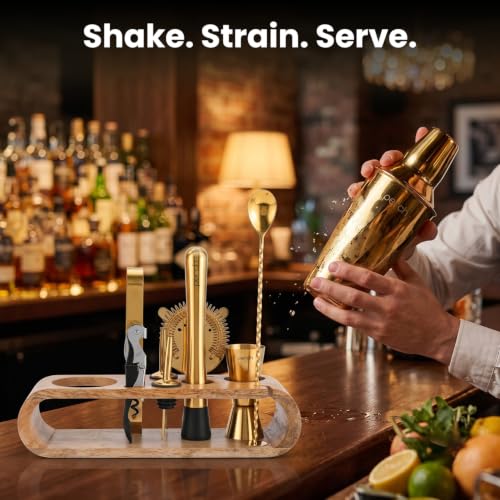 Image of O' Holic by Perch 10-Piece Bartender Kit with Mango Wooden Stand|Cocktail Shaker Gift Set with Jigger,Strainer,Spoon,Muddler, Pourers, Tongs & Corkscrew|Home Bar Accessories for Mixing Drinks (Golden)
