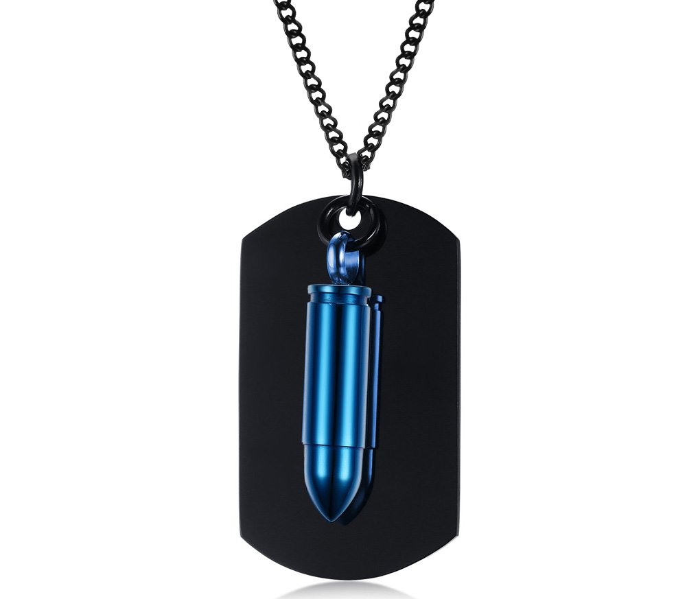 ZDBDH Personalized Keepsake Memorial Cremation Jewelry Military Stainless Steel Dog Tag Bullet Urn Pendant Necklaces for Ashes Men's Necklace for Pet Human Ashes,Bereavement Gift,Black&Blue