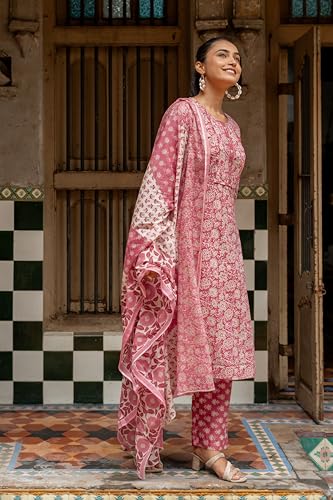Image of MIRCHI FASHION Women's Straight Fit Pure Cotton Embellished Floral Printed Kurta Set with Dupatta and Trouser