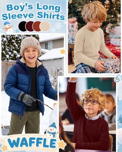 Image of 4 Pack Boys Long Sleeve Waffle Shirts | School Sweaters for Boys, Waffle Knit Thermal Shirts, Crewneck Thermal Casual Tops, Fall, Winter, Kids Clothes for 5-14 Y