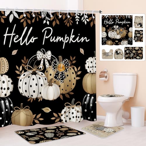 Hunnmingre 6 Pcs Fall Shower Curtain Sets Black White Polka Dot Pumpkin