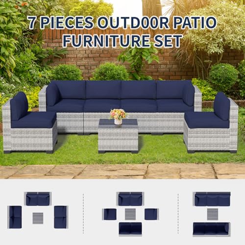 Image of 7 Piece Patio Furniture Set, Rattan Outdoor Patio Conversation Sets, Outdoor Sectional Furniture with Thickened Cushion and Coffee Table, for Deck, Backyard, Garden, Off-White & Dark Blue