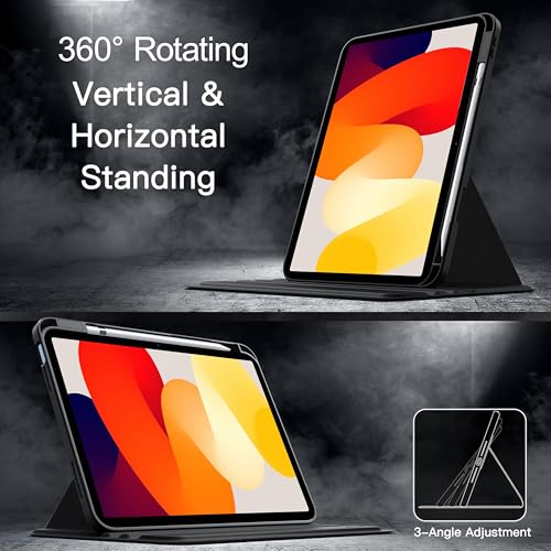 Image of TGK Rotating Case for Redmi Pad SE 11 inch with Pencil Holder 360 Degree Rotation Protective Trifold Stand Cover Clear Back (Black)