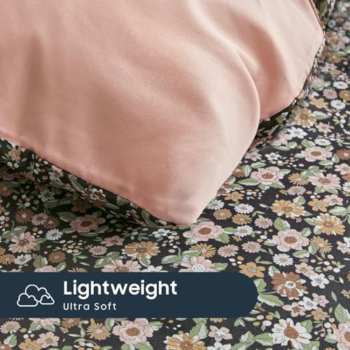 Image of Wake In Cloud - Floral Comforter Set, Cute Vintage Flower Cottagecore Aesthetic for Women Teen Girls, Soft Lightweight Dorm Bedding, 3 Pieces, Black, Queen Size