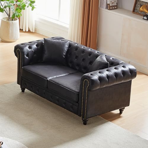 Image of Modern Chesterfield Sofa Couch, 63.5-inch Faux Leather Loveseat Sofa with Rolled Arms and Tufted Button for Living Room, Office, Black