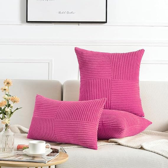 Image of Guffaw Corduroy Pillow Covers Boho Decorative Spliced Throw Pillow Covers Soft Solid Couch Pillowcases Cross Patchwork Cushion Covers for Living Room Bed Sofa 16x16 inch (3, Dark Pink)