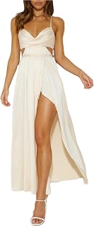 Women's Satin Cowl Neck Backless Maxi Dress Sexy Tie Back Spaghetti Strap Ruched Wedding Guest Slit Long Dresses