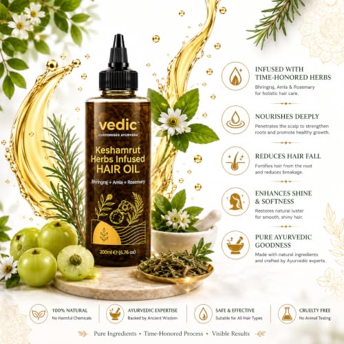 Image of Vedic Keshamrut Herbal Hair Oil with Bhringraj, Amla & Rosemary | Scalp & Hair Nourishing Oil for Regular Oiling & Conditioning | Men & Women | 200 ml