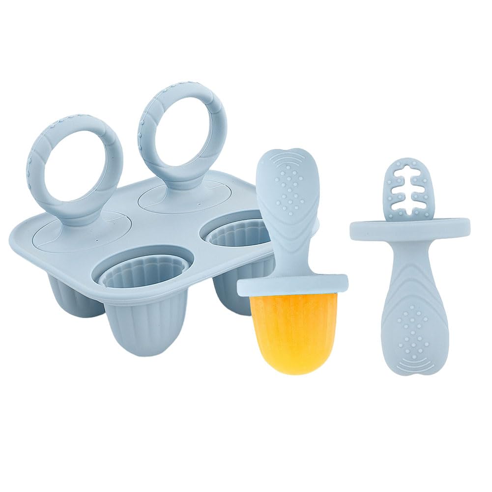 Silicone Baby Ice Lolly Moulds 6-Cavity Mini Popsicle Molds with Sticks Reusable Breastmilk Freezer Tray and Baby Teether for Toddlers-Two Handles Gray Blue