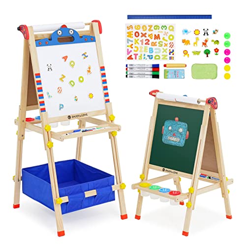 Kinder Spiel-Tafel aus Holz| 3-in-1-Kinderstaffelei,Höhenverstellbar mit Papierrolle, Kreidetafel, Whiteboard, Cartoon-Aufkleber und 4 Malschüsselchen Reichhaltiges Zubehör（Cartoon-Roboterform）