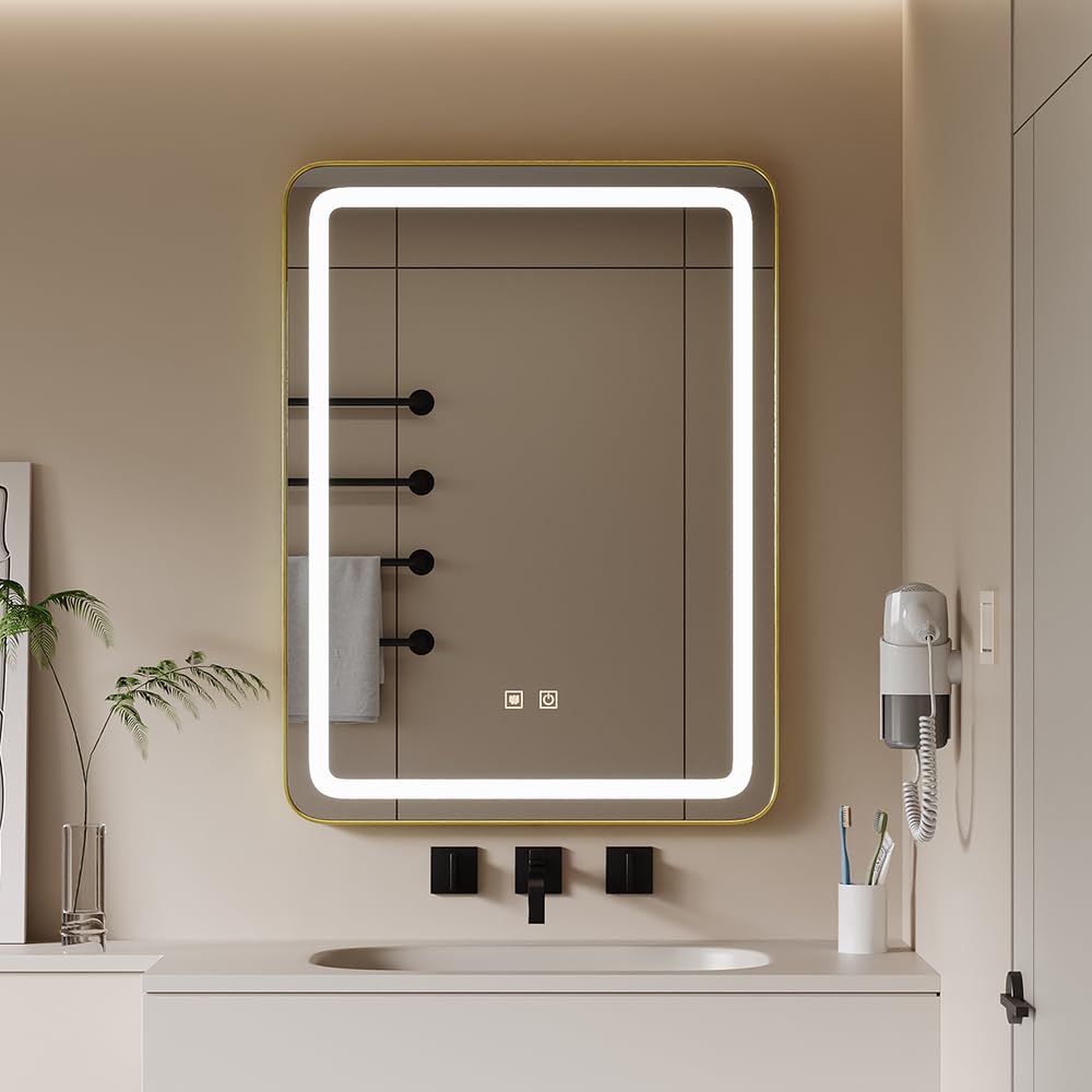 Warmiehomy Illuminated Wall Mounted Bathroom Mirror, 60 x 80 cm LED Bathroom Mirror with Dimmable Light, Anti-Fog, Touch Switch Makeup Mirror, Gold