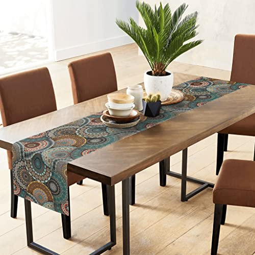 Fjpt Boho Mandala Floral Table Runner,Retro Tan Teal Flower Table Runner For Kitchen Party Living Room Holiday Décor 13X72'' #TOP4