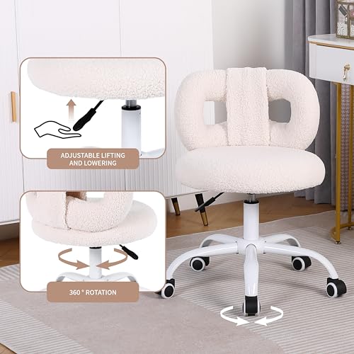Image of Modern Faux Cashmere Home Office Chair, Height Adjustable Desk Chair with Back and Wheels for Living Room, Swivel Make-up Vanity Armless Chairs for Girls and Women (1, Cream)