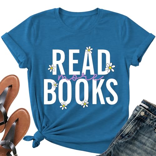 Image of Reading Teacher Shirt Women-Cute Read More Books Short Sleeve Library Book Lovers Daisy Tee Tops