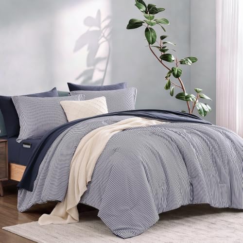 Image of Monbix Queen Comforter Set-7 Pieces Soft Bed in a Bag Queen Bedding Sets | Crown Blue Vertical Ticking Stripe Lightweight All Season Comforter Set with Sheets, Pillowcases & Shams