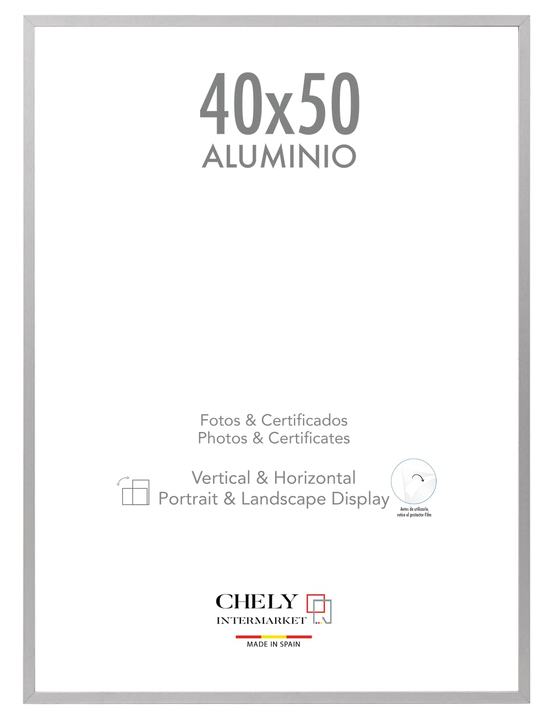 CHELY INTERMARKET MOD-214 Marco De Fotos Aluminio Plateado Estilo Minimalista Diploma Certificado Poster Decoración Oficina Horizontal Vertical Montaje En Pared Tamaño 40x50cm