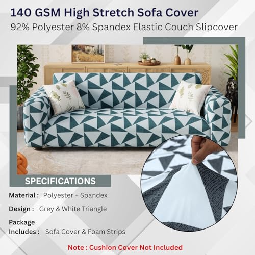 Image of Lukzer 3 Seater Grey & White Triangle Universal Sofa Cover | 360 Fully Covered Anti-Slip Washable Couch Cover Protecter | 140 GSM Stretch Fit Polyester + Spandex Slipcover (180-230cm /SC-037-03)