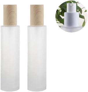 2PCS 120ml/4oz Frosted Glass Pump Bottle Lotion Dispenser Empty Refillable Cream Pump Vials With Wood Grain Cap Portable Travel Sample Packing Container Jars Pot fo Lotion Emulsion Essence Serums