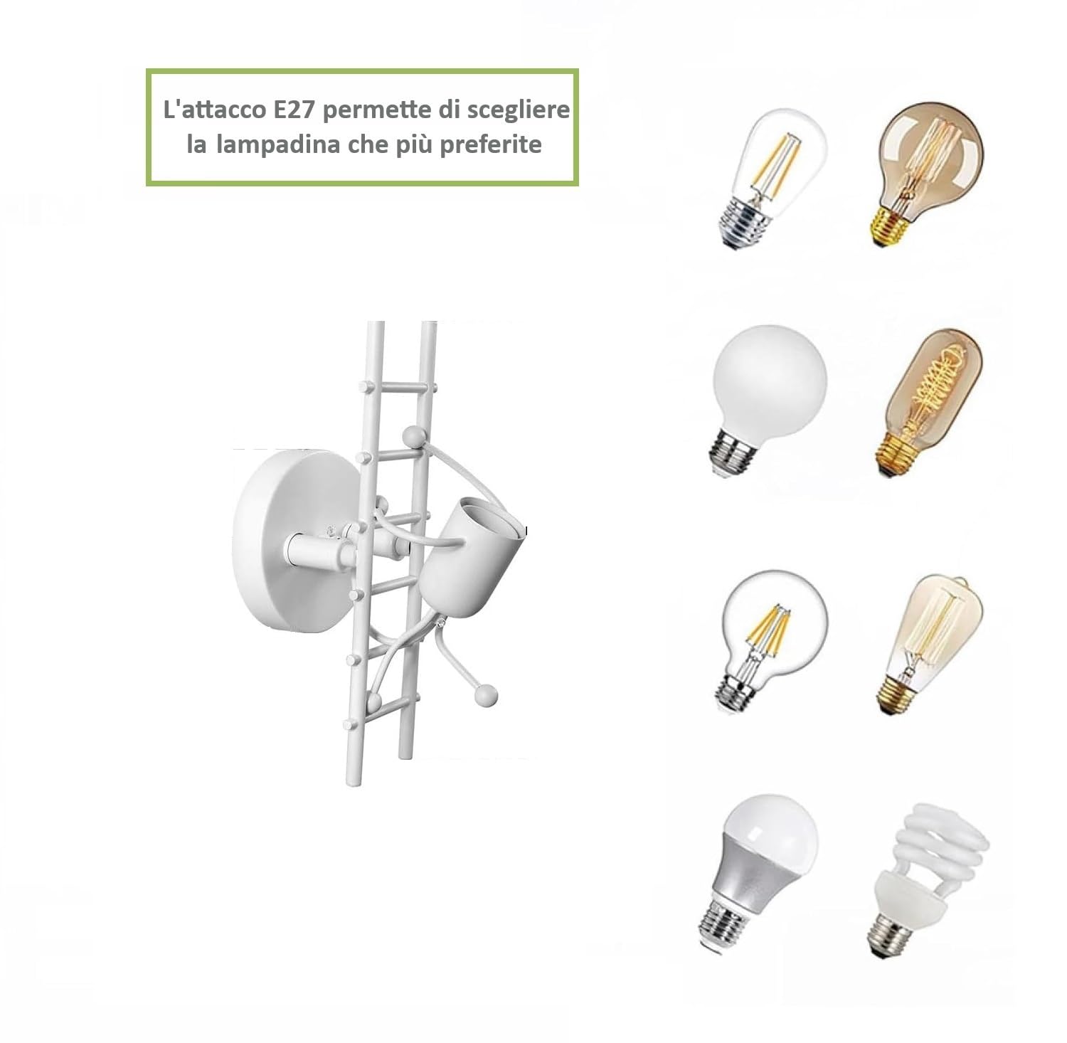 Applique da parete Omino con Scala Bianco attacco E27 lampada particolare moderno per camera cameretta bambini