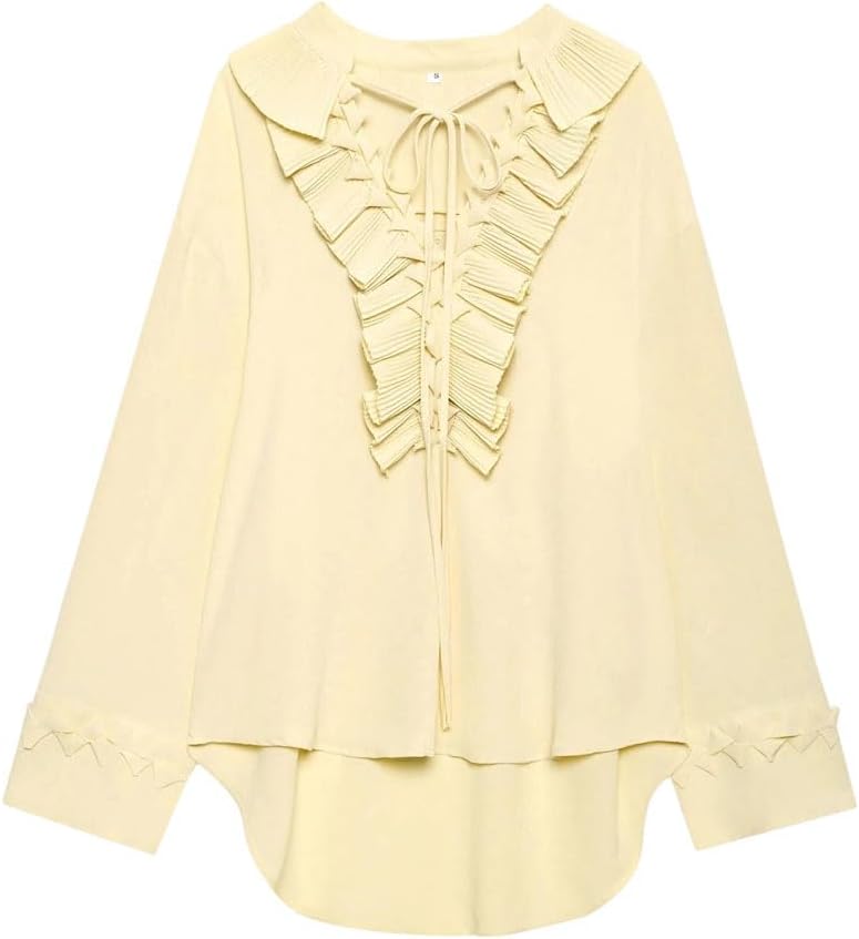 Women Ruffles Lace-Up Blouse Skirt Long Sleeve V-Neck Midi Skirt Two-Piece Set