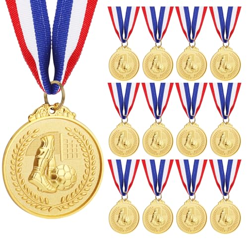 WD&CD 12Pcs Football Medal 2 Inch (5 cm) Sports Gold Award Medals with Neck Ribbon for Awards Sports Football Party Style