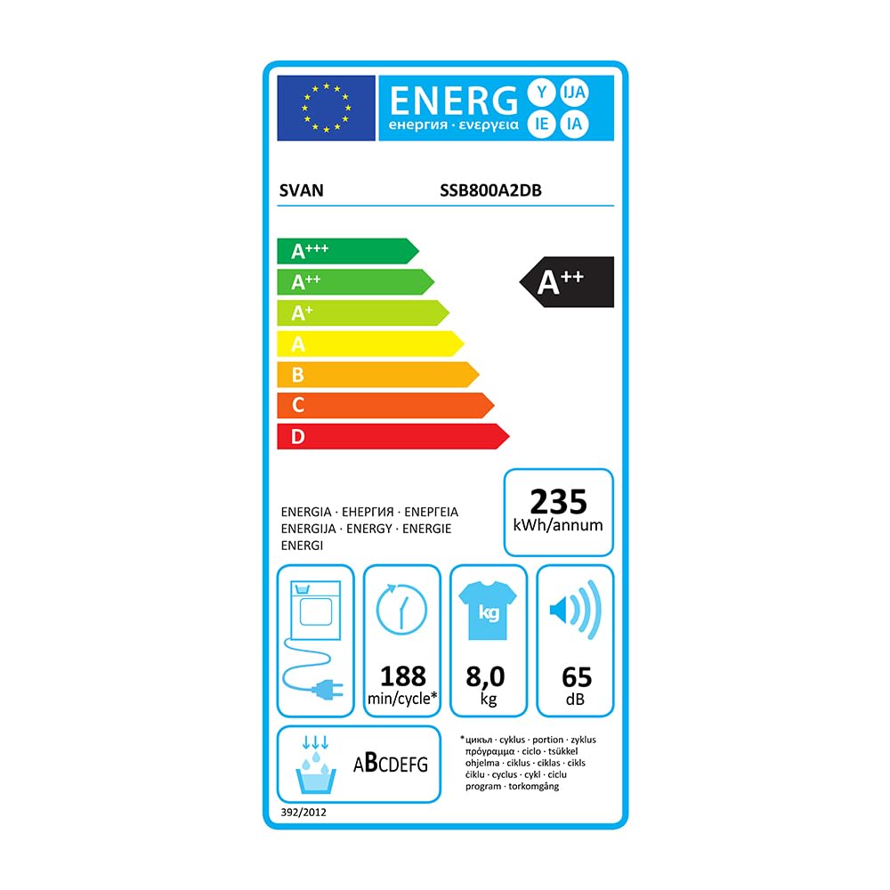 Svan Secadora de Bomba calor 8Kg Carga Frontal Blanco SSB800A2DB. 1000W, 15 Programas, Función Antiarrugas, Display LED manual, Eficiencia Energética Clase A++ [Clase de eficiencia energética A++]