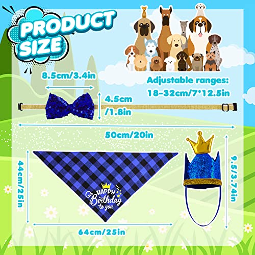 Coobe Hundegeburtstags Bandana Hut Fliege Set, 3 teiliges Hundegeburtstags Party Zubehör Hundekariertes Bandana Bling Kronen Hut Glitzer Fliege Halsband für kleine mittelgroße Hunde