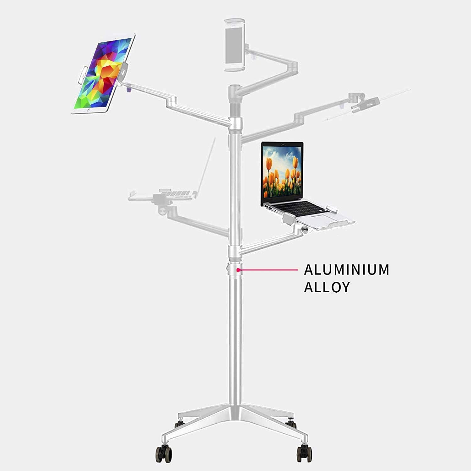 ThingyClub - Soporte para tablet y portátil, 2 en 1, altura ajustable, doble brazo para tableta y teléfono de 4 a 13 pulgadas, bandeja adicional para portátiles de 12 a 17 pulgadas (plata)