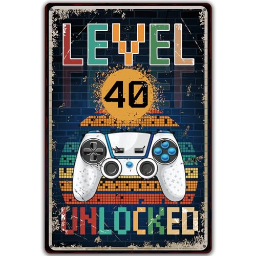 Plaque Métal Vintage Level 40 UNLOCKED, Cadeau 40 Ans Anniversaire Homme, Idée de Cadeau pour Les Gamers pour la Maison Mur Art Chambre Vintage Rétro...