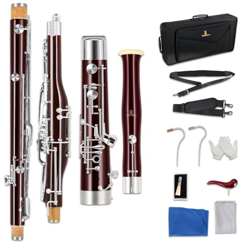 ROWELL Maple Bassoon C Key Professional Bassoon with Self-Locking Mechanism 26 Keys Silver Plated Bassoons Instrument with Case Ideal for School Band Orchestra and Home Practice Red