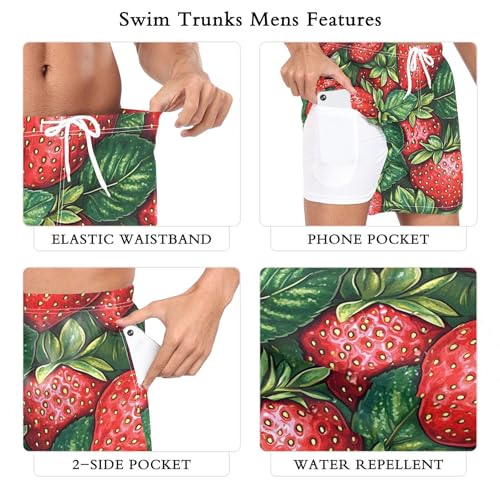 xigua Red Strawberries Mens Swim Trunks with Liner, 5 inch Quick Dry Mens Boardshorts for Beach3