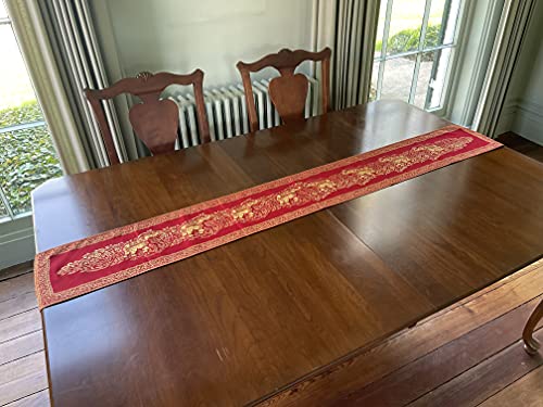 Thai Elephant Table Runner With Fringe - Luxurious Bed Scarf - Polyester Embroidered Gold Brocade - Small - 76X9 Inches (Strawberry Red) #TOP1