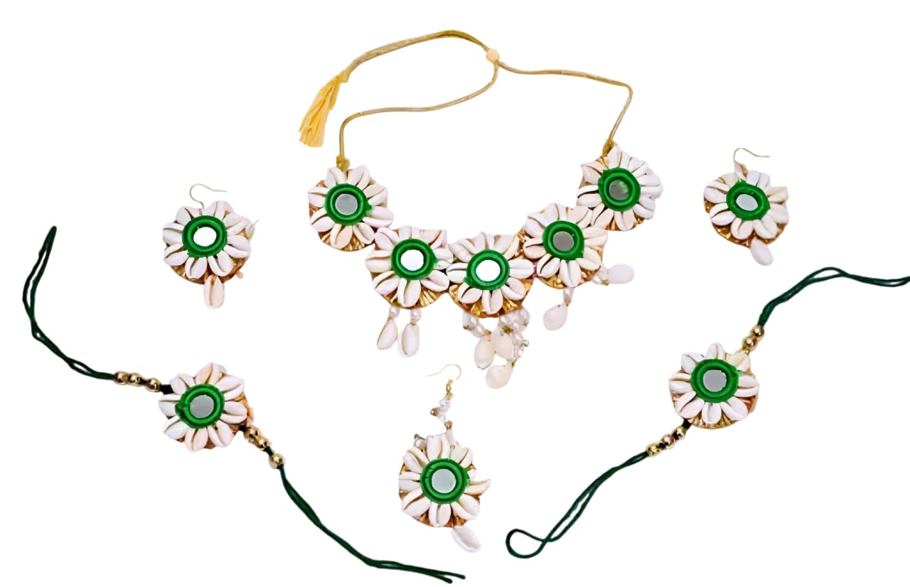 Floral Jewellery Set for Haldi Mehndi Baby/Bridal Shower Cowrie Shell with Mirror Work Jewelry Traditional Necklace,Earring,Brcaelet & Maang Tikka for Women & Girls