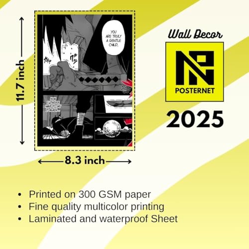 Image of Posternet Naruto Manga Wall Art Collection, 90 x 60 cm, Set of 12 Panels, Black and White with Red Accents, Matte Finish (33 inch X 23 inch)