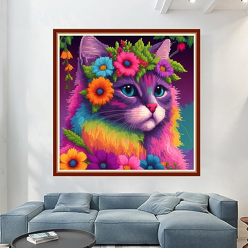 Image of Dimensean Stamped Cross Stitch Kits Full Range of Embroidery Patterns Starter Kits for Beginners Adult DIY Cross Stitches Needlepoint Kits 11CT-Colorful Cat 17.7x17.7 inch
