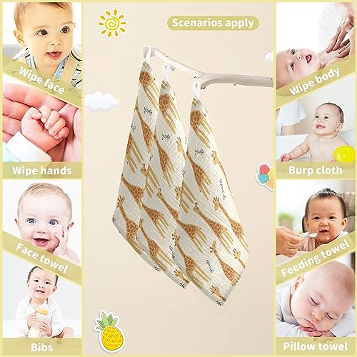 Image of vvfelixl Giraffe Safari Print Baby Burp Cloths Baby Muslin Washcloths for Boys Girls Cotton Baby Face Towel for Newborn Infants Soft and Absorbent 11.8 X 11.8In, 5 Pack