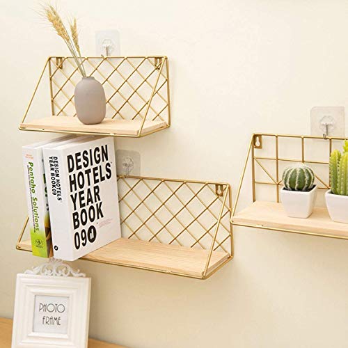 HJW Praktische opbergrek woondecoratie drijvende wandplank goud, metaal hout opbergrek voor fotolijst boek plant pot wekker kalender vakantie decoratie 1Huiyang-01020, a, klein - Image 5