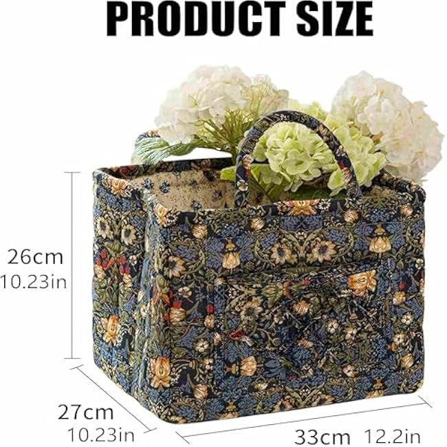 Quilted Storage Basket,Large Capacity Fabric Storage Baskets,Floral Laundry Baskets,Large Capacity Folding Puffer Tote with Front Pocket and Handle for Clothes and Sundries (V)