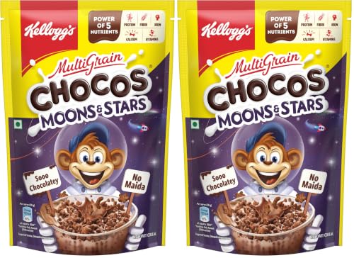 Image of Kellogg's Multigrain Chocos Moons & Stars 375g /360g / 414g | High in Calcium & Protein, 10 Essential Vitamins & Minerals, Source of Fibre | Breakfast Cereal for Kids (Pack of 2)