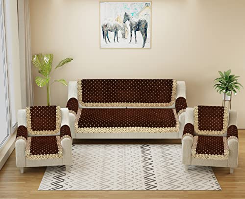 Image of Premium Velvet Sofa Cover Set of 5 Seater -with Arm Covers, 3,1,1 Seater 16 Pieces Sofa Back Slip Panels - Heavy Fabric Sofa Slip Protector with Back Covers, Coffee (Pack of 12)