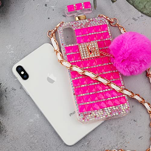Losin Perfume Case Compatible With Iphone 7 Plus/Iphone 8 Plus 5.5 Inch Luxury Bling Diamond Rhinestone Bow Perfume Bottle Furry Plush Ball Bling Glitter Gemstone Soft Tpu Back Case With Lanyard #TOP5