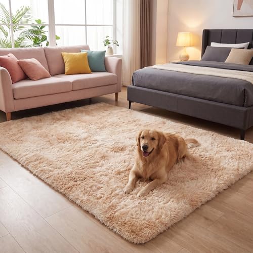SUPERLELE Area Rug, 5x7 Feet Large Fluffy Rug for Living Room Bedroom, Machine Washable Non-Slip Plush Shag Rug, Cozy Indoor Fuzzy Carpet for Dorm Home Office, Beige