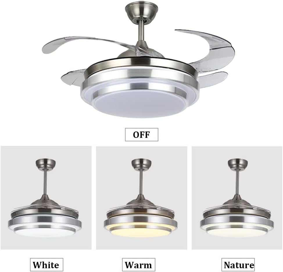 42 Inch Ceiling Fans with Lights and Remote Control, Modern Silent Ceiling Fan Light Kits Invisible Telescopic fan blade 3-color Dimming Chandeliers fit for Bedroom Living/Dining Room (42 inch)