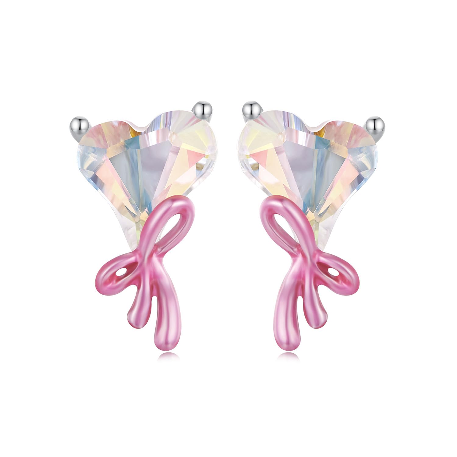 Orecchini a Bottone Eleganti da Donna con Smalto colorato a Forma di Cuore con Fiocco