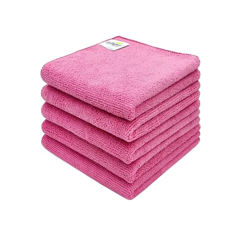 Image of SOFTSPUN Microfiber Cleaning Cloth 5 pcs 30x30cm 340 GSM Pink Thick Lint & StreakFree Super Absorbent Multipurpose Wash Towels for Kitchen Car Window Stainless Steel & Silverware Pack of 5.