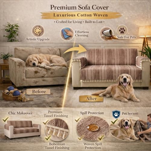 Image of STITCHNEST Chenille Printed Sofa Cover 1 Seater with 2 Hand Rest Covers - Washable Beige Sofa Cover with Tassels - Durable Premium Fabric - Stylish Sofa Protector for Living Room & Furniture Decor