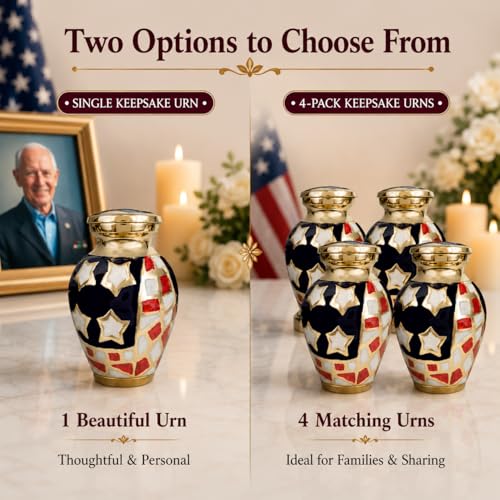 Image of Trupoint Memorials Small Urns for Human Ashes Keepsake, Military and Patriotic Decorative Mini Cremation Urn for Veteran Adult Men & Women, Set of 4, Bronze