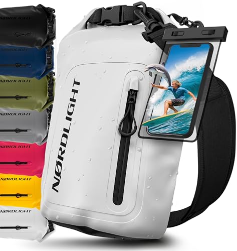Nordlight Dry Bag wasserdichte Tasche mit Handyhülle + Roll-Top, Schultergurt | Drybag wasserfester Rucksack Beutel Packsack Seesack Wassersack Wetbag | Baden Schwimmen Strand SUP – Weiß, 10 Liter